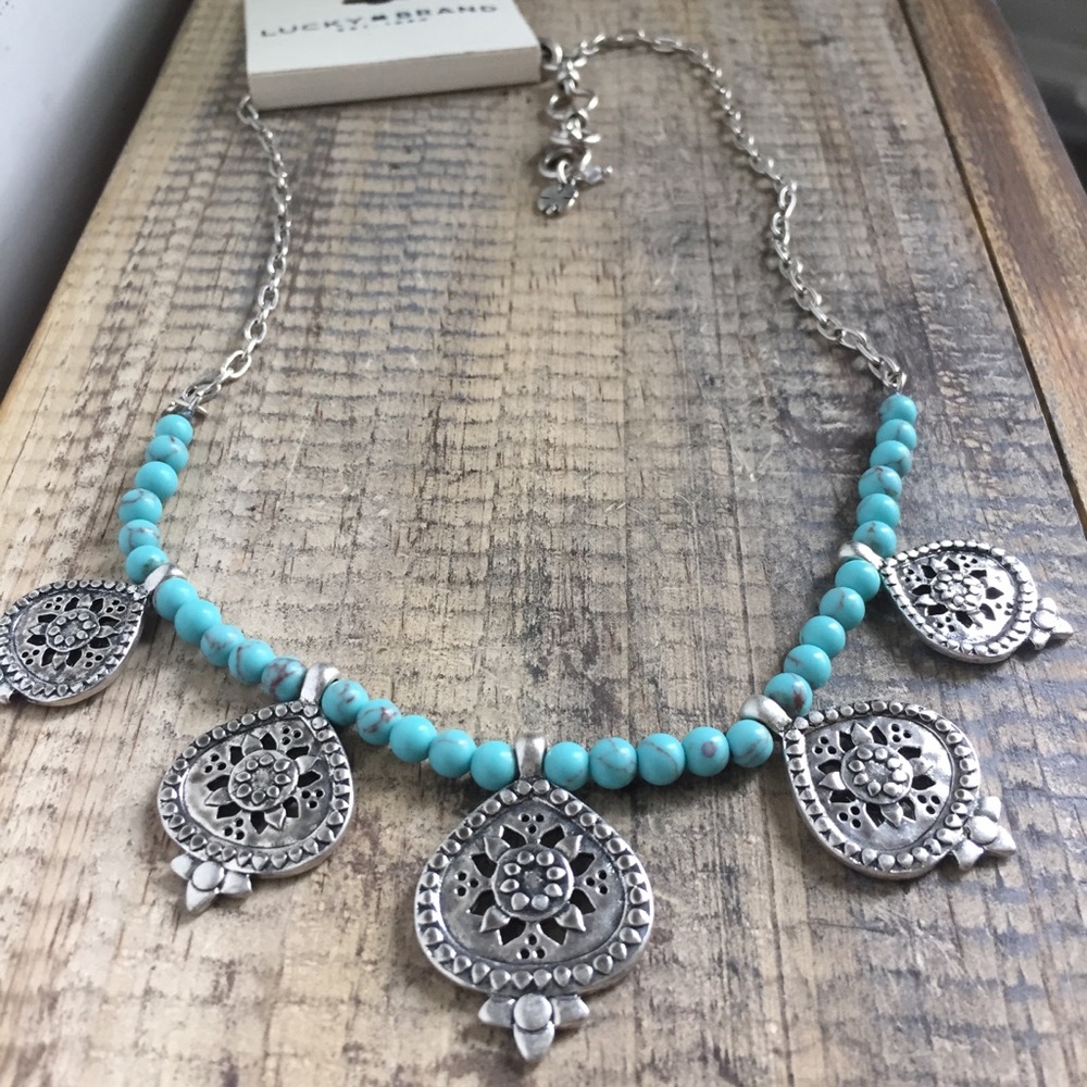 Lucky brand turquoise beads silver charm necklace